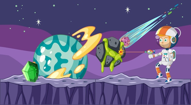 Astronauta disparando rocas en el espacio