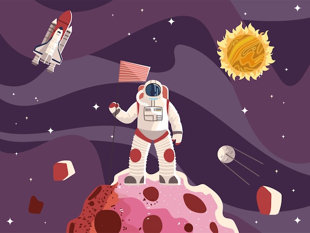 Astronauta espacial con superficie de bandera planeta nave espacial sol y luna ilustración