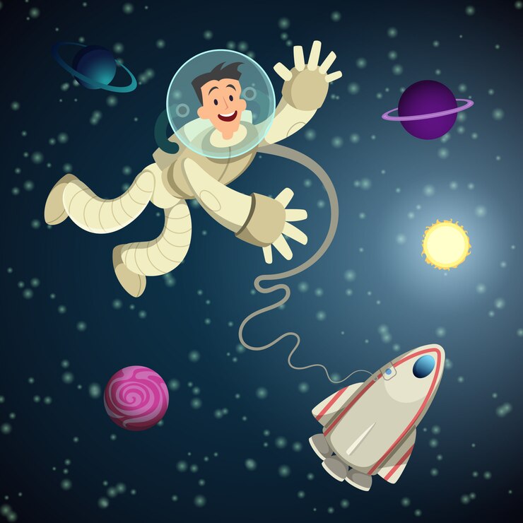 Vector astronauta en espacio abierto con lanzadera y algunos planetas.