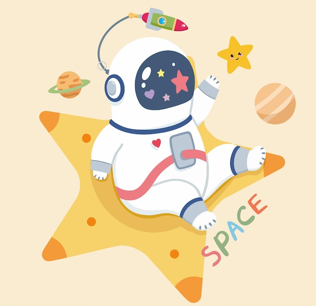 Astronauta en el espacio con cohetes y planetas