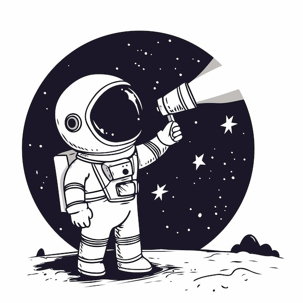 Astronauta en el espacio exterior con un telescopio Ilustración vectorial dibujada a mano