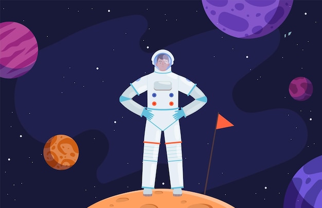 astronauta, en, espacio, planeta rojo, colonización, caricatura, cosmonauta, en, universo, vector, ilustración