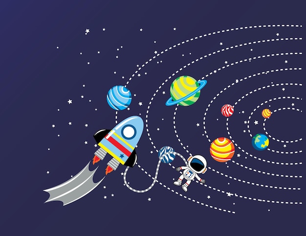Astronauta en el espacio con Rocket Earth y otra ilustración de diseño de camiseta Planet por Hammad Graphic