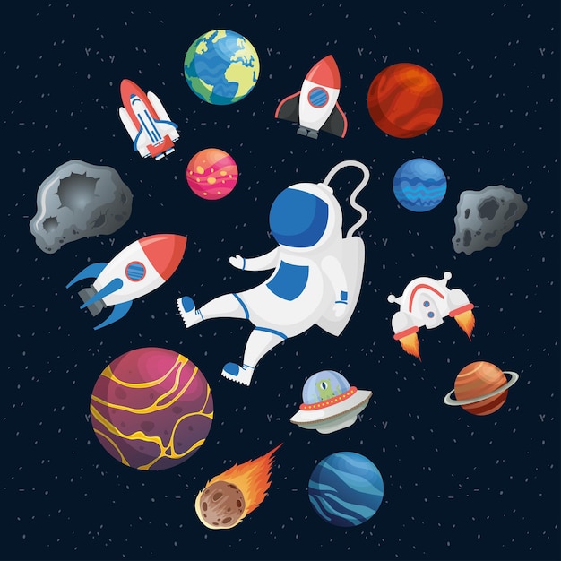 Astronauta con espacio set iconos