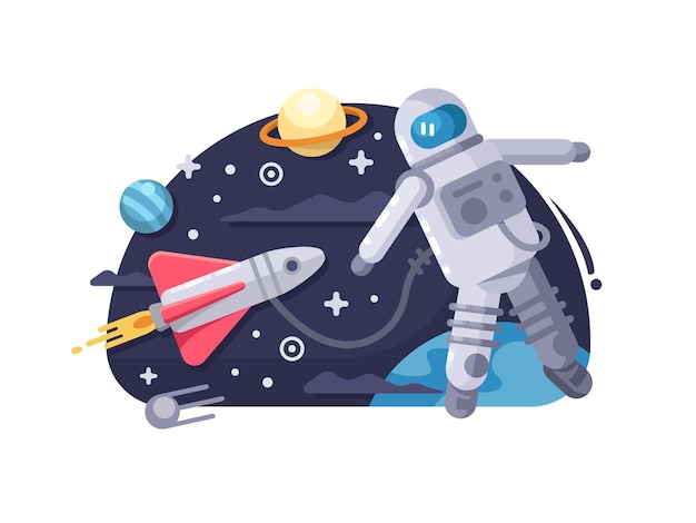 Astronauta en el espacio ultraterrestre. Cosmonauta volando en el cosmos cerca de la nave espacial. Ilustración vectorial