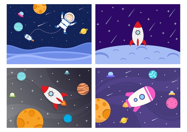 Astronauta en el espacio ultraterrestre con ilustración de cohete