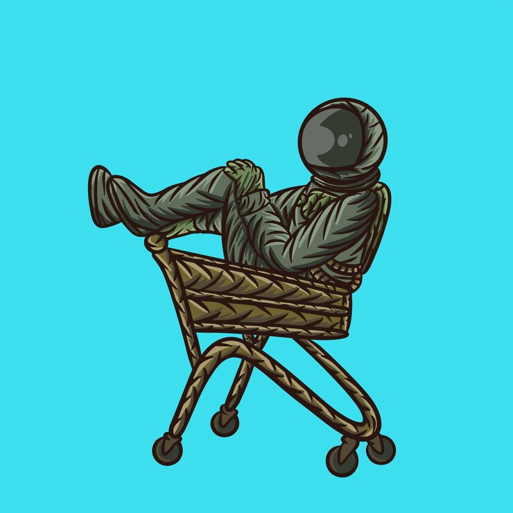 El astronauta está montando un tranvía de cuatro ruedas.