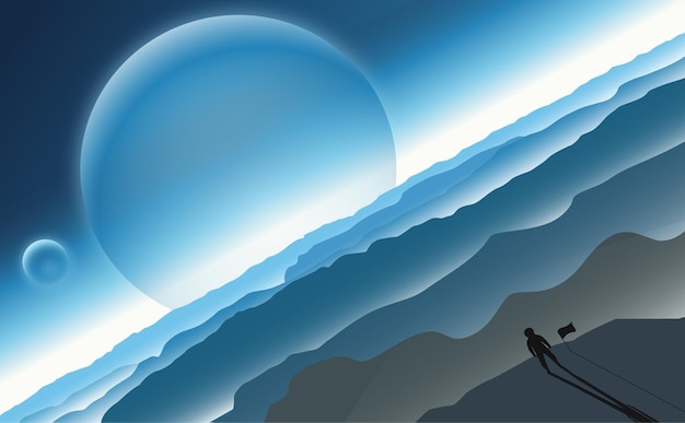 Un astronauta está parado en un acantilado del paisaje del planeta azul, la luna y el planeta en el cielo