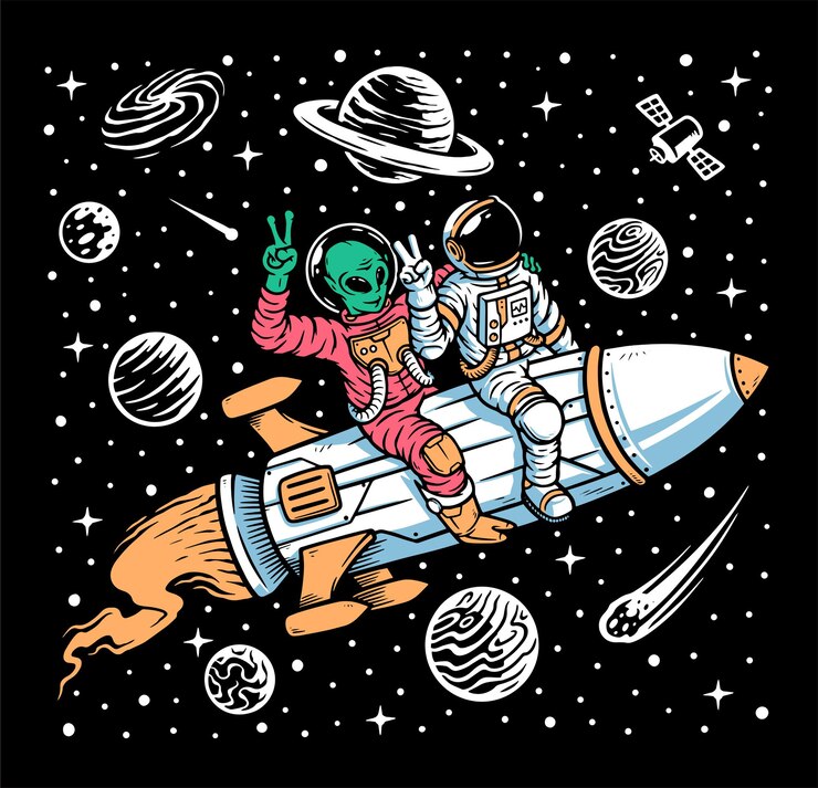Vector astronauta y extraterrestre viajan en cohetes ilustración