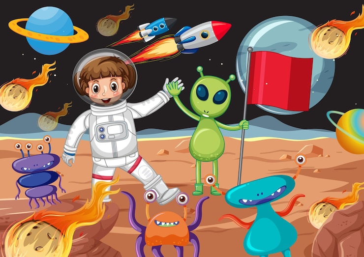 Vector un astronauta y extraterrestres en la escena del planeta.