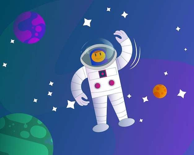 un astronauta feliz agitando su mano mientras flota en el espacio