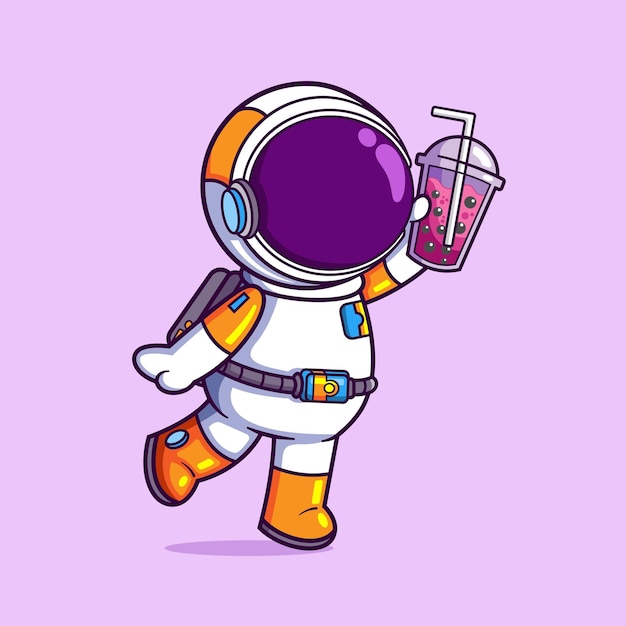 El astronauta feliz está bebiendo un boba y mostrárselo a otras personas.