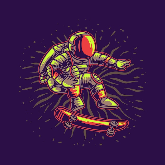 Astronauta flotando en el aire en una ilustración de patineta