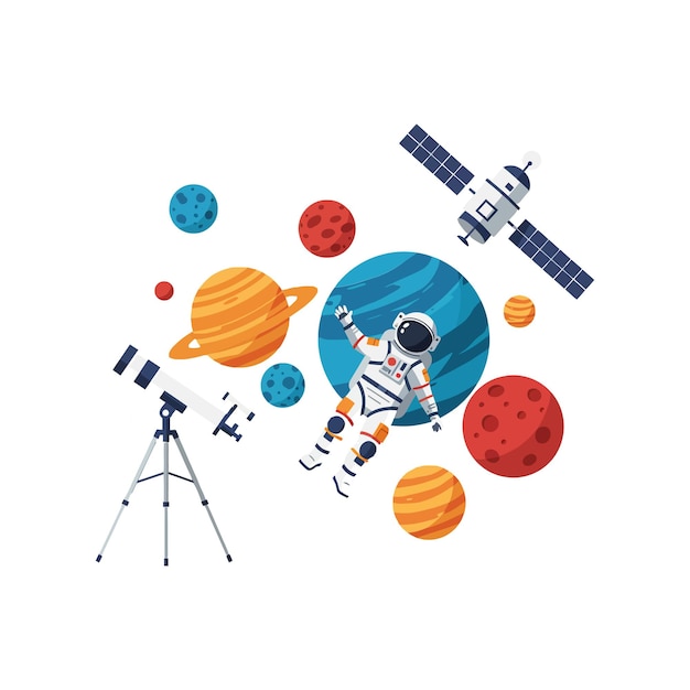 Astronauta flotando entre coloridos planetas y satélites con un telescopio en una vibrante ilustración vectorial plana