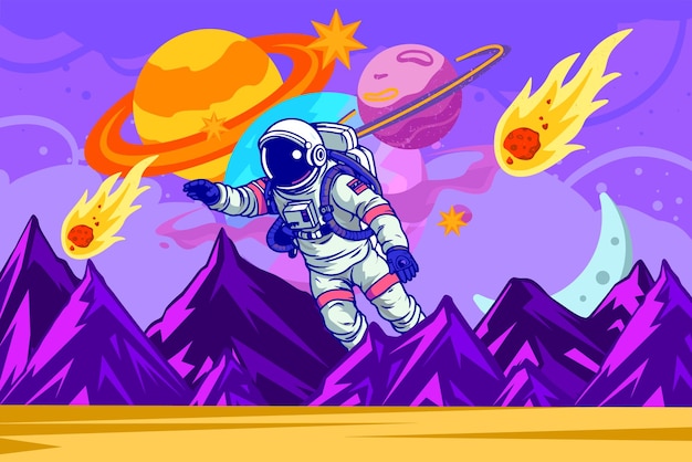 Astronauta flotando en el espacio con planetas y cometas