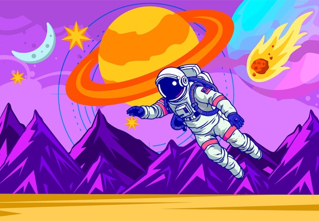 Astronauta flotando en el espacio con planetas y estrellas