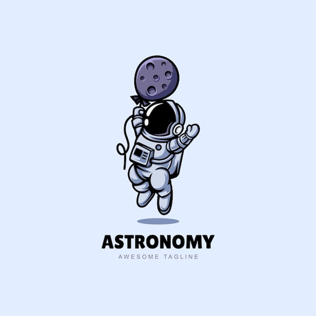 Astronauta flotando con la luna Balón de dibujos animados Logotipo vectorial Diseño de iconos Ilustración para astronomía Ciencia Tecnología plantilla del logotipo
