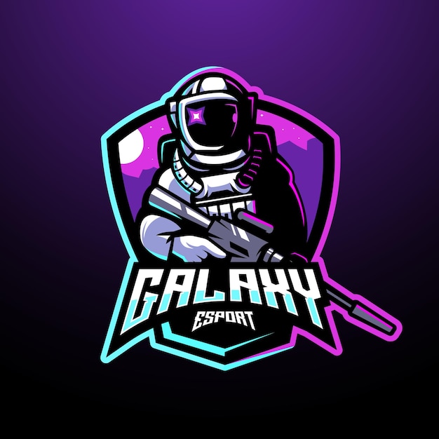 Astronauta galaxy holding gun esport mascota logo diseño ilustración vector para juegos en equipo