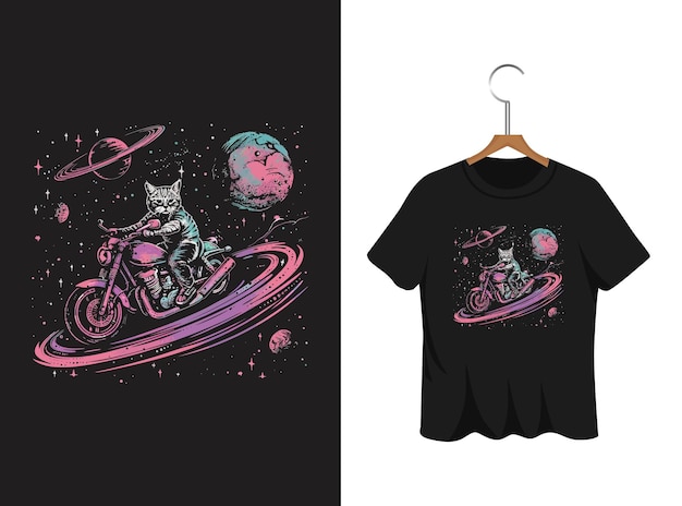 Vector astronauta gato montando una motocicleta diseño de camiseta obra de arte