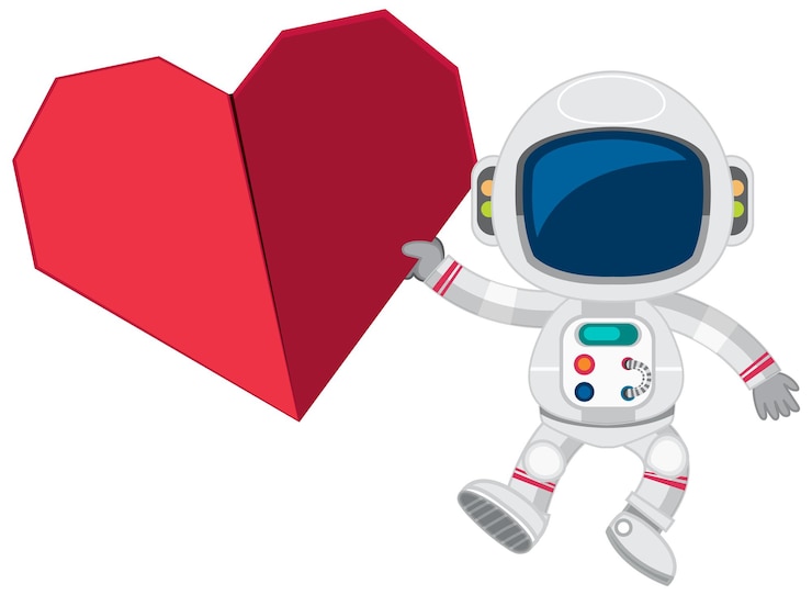 Vector astronauta y gran corazón rojo de origami.