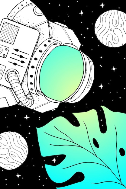 Astronauta y hoja de monstera en un universo de fantasía