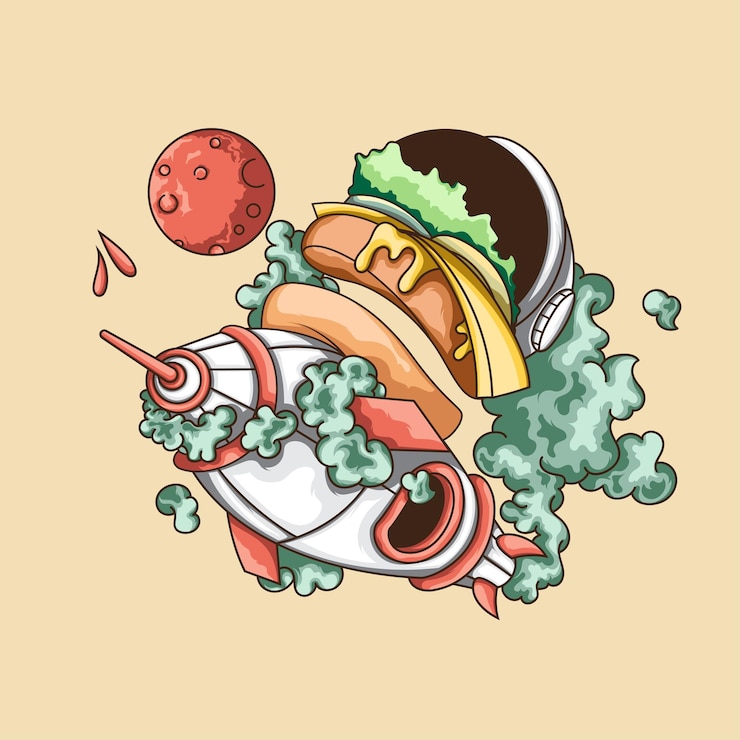 Vector astronauta con ilustración de cohete y hamburguesa