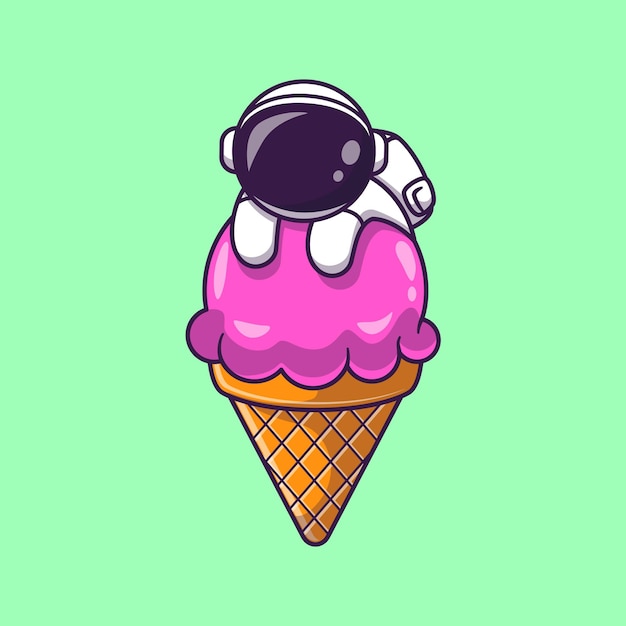 Astronauta en la ilustración de dibujos animados de cono de helado. concepto de alimentos de ciencia aislado. estilo de dibujos animados plana