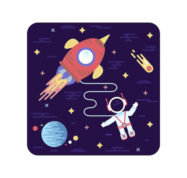 Astronauta en la ilustración de dibujos animados de vector de espacio exterior en estilo plano