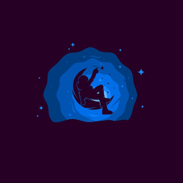 Vector el astronauta de la ilustración de la silueta se inclina hacia atrás en la luna y juega la estrella en el fondo del universo de la galaxia