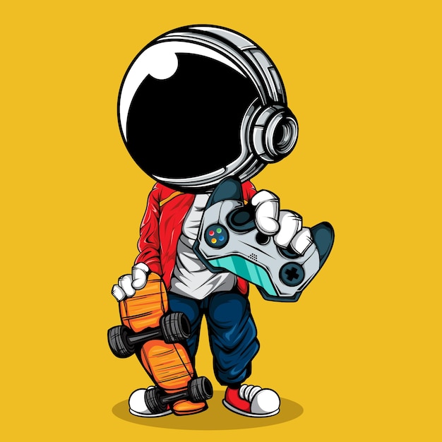 El astronauta con joystick gamepad y skateboard