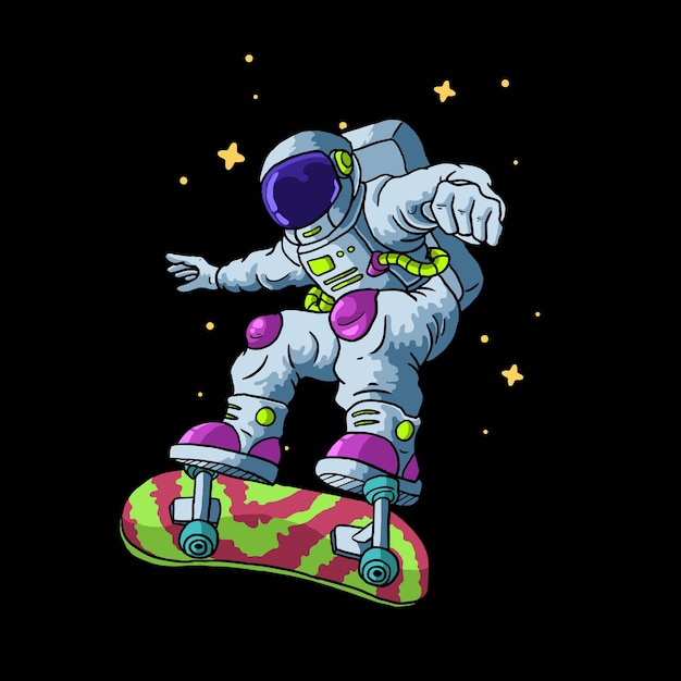 Vector astronauta, juego, patineta, aislado, en, negro