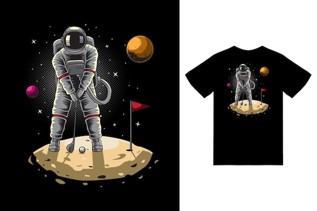 Astronauta jugando al golf en la ilustración de la luna con diseño de camiseta vector premium