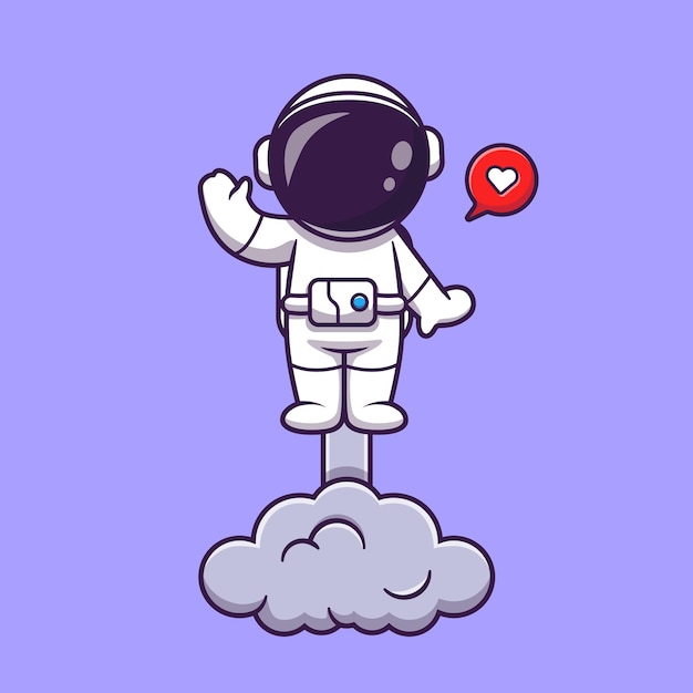 Astronauta lanzando en el espacio y agitando la mano ilustración de dibujos animados. Concepto de tecnología de ciencia aislado. Estilo de dibujos animados plana
