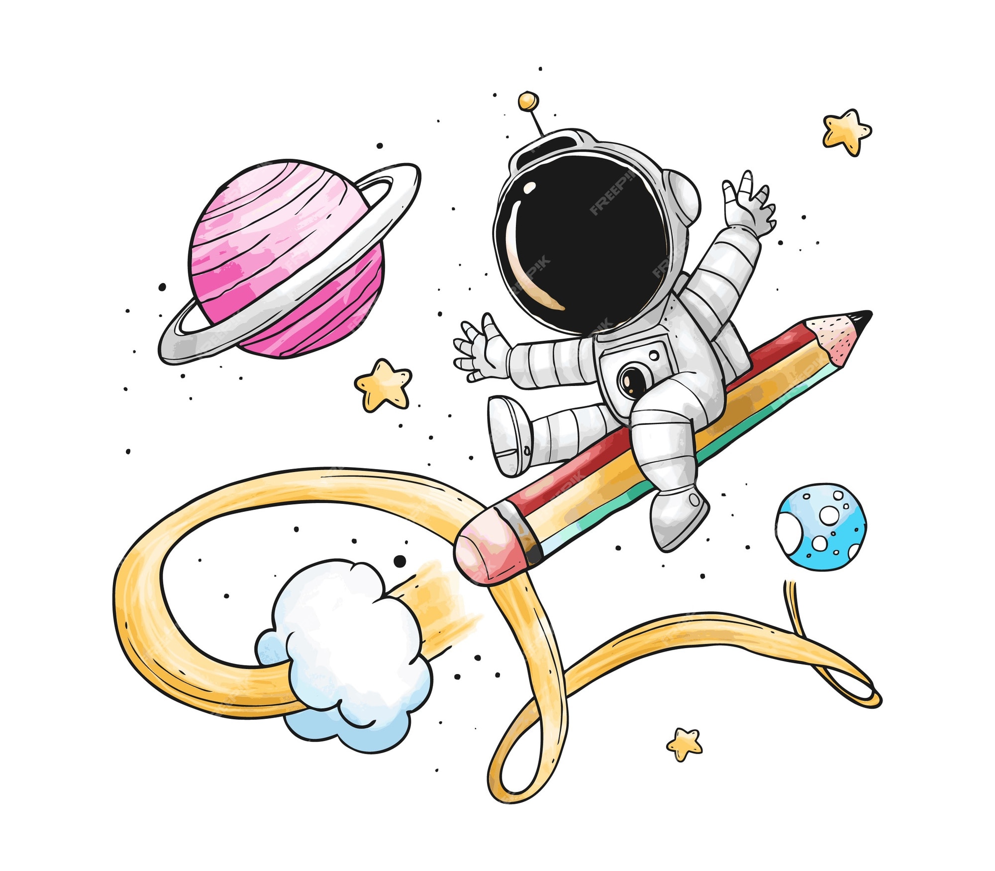 Astronauta lápiz cohete de dibujos animados | Vector Premium