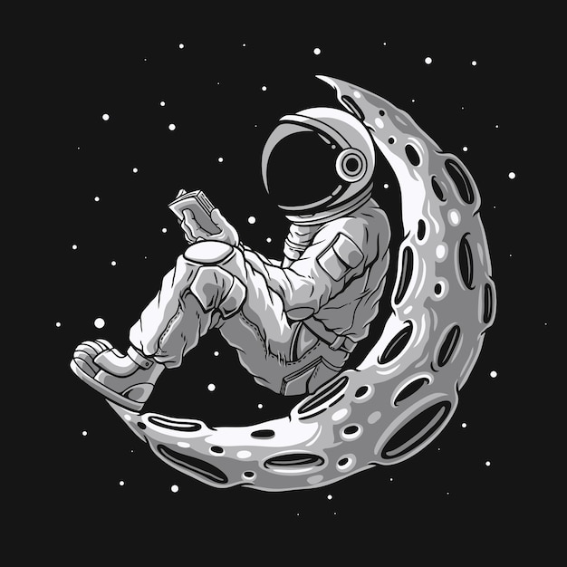 astronauta leyendo un libro en la luna vector premium