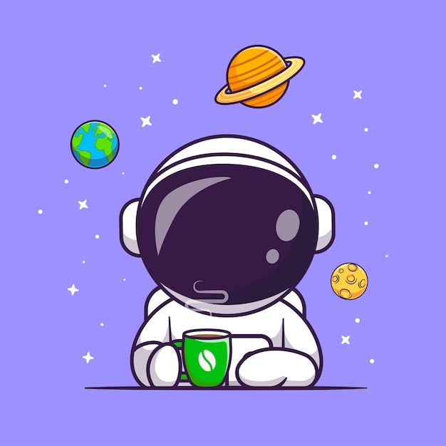 Astronauta lindo bebiendo café en el espacio dibujos animados icono vectorial ilustración ciencia bebiendo aislado plano