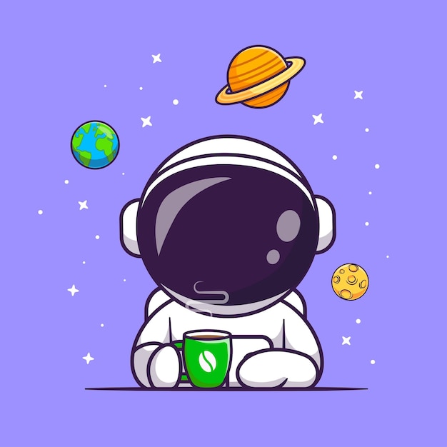 Vector astronauta lindo bebiendo café en el espacio dibujos animados icono vectorial ilustración ciencia bebiendo aislado plano