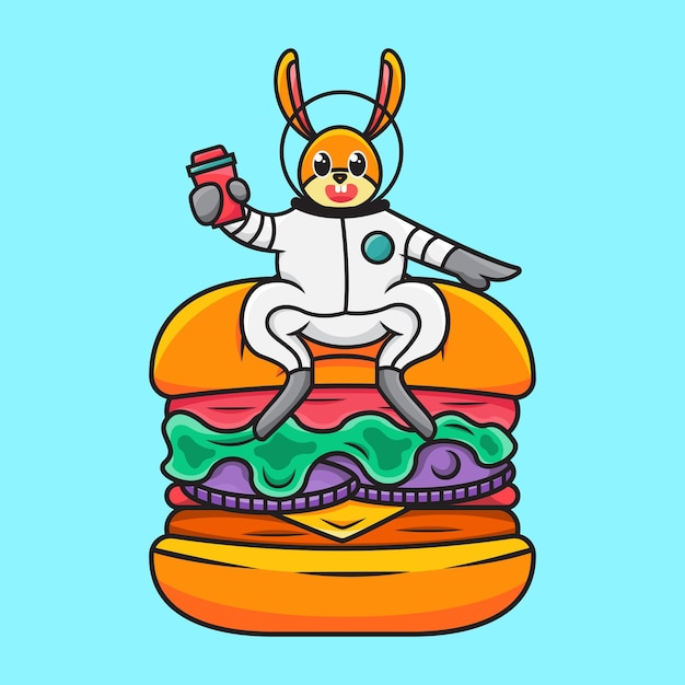 Astronauta lindo conejo sentado en una ilustración de vector de dibujos animados de hamburguesa