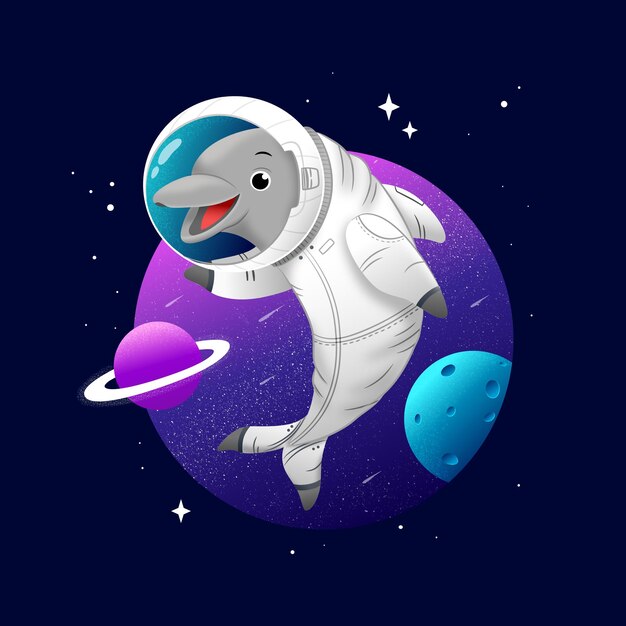 Astronauta lindo delfín en el fondo del espacio