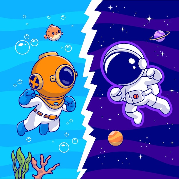 Astronauta lindo en el espacio contra buzo en el mar dibujos animados icono vectorial ilustración ciencia tecnología aislada