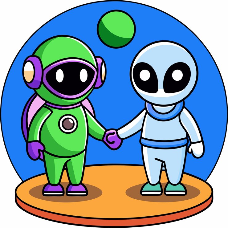 Vector astronauta lindo estrecha la mano con alienígena ícono vectorial de dibujos animados ilustración icono espacial concepto aislado estilo de dibujo animado plano vectorial premium