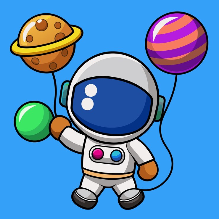 Vector astronauta lindo flotando con globos de planetas en el espacio icono vectorial de dibujos animados ilustración tecnología ciencia icono concepto aislado estilo de dibujus animados plano vectorial premium