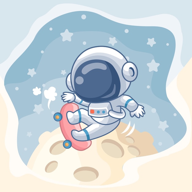 Vector el astronauta lindo de la historieta que anda en monopatín en la luna aisló el fondo hermoso del paisaje del espacio