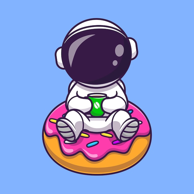 Vector astronauta lindo con ilustración de icono de vector de dibujos animados de donut y café. concepto de icono de comida de ciencia aislado vector premium. estilo de dibujos animados plana