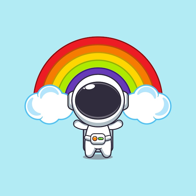 Astronauta lindo con una ilustración vectorial de dibujos animados de arco iris