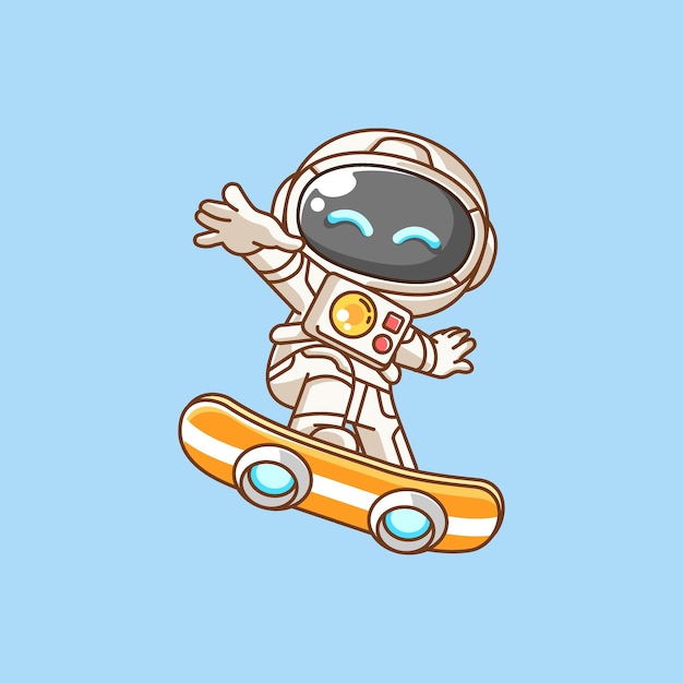 Astronauta lindo jugando al hoverboard patineta chibi kawaii personaje mascota resumen de la ilustración
