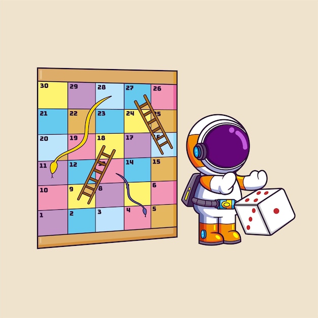 Vector astronauta lindo jugando al juego de serpientes y escaleras lanzando los dados