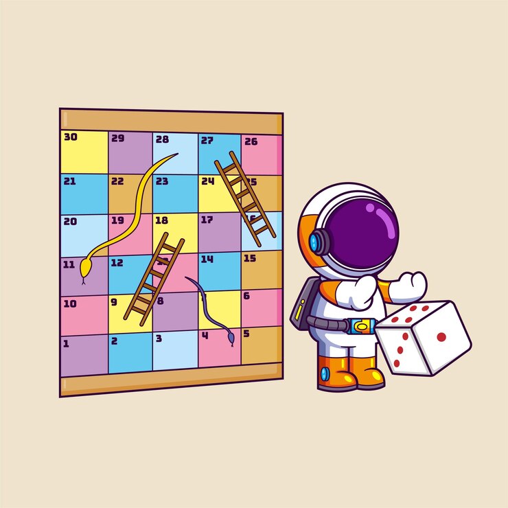 Vector astronauta lindo jugando al juego de serpientes y escaleras lanzando los dados