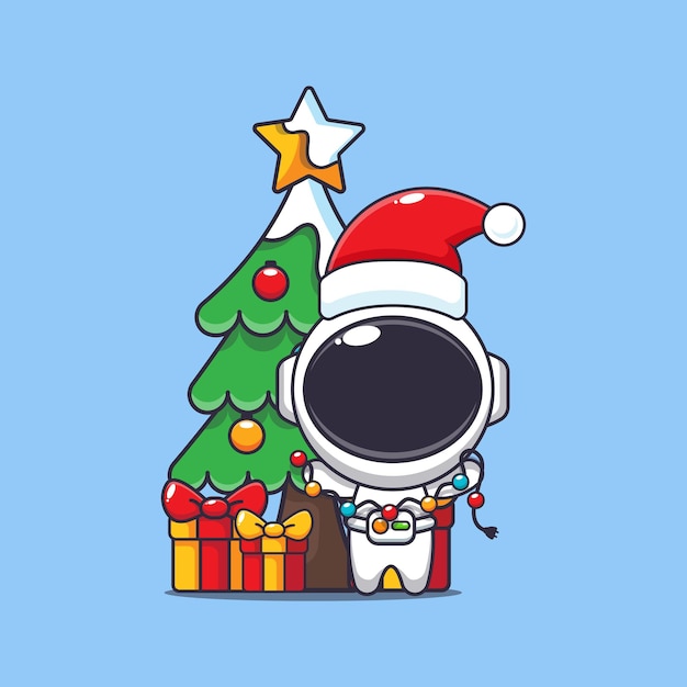 Astronauta lindo con lámpara de masto de Navidad Ilustración de personajes de dibujos animados de Navidad