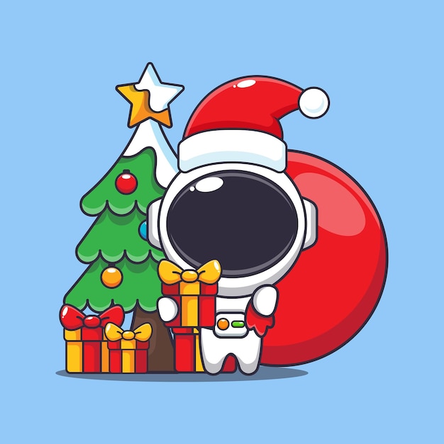 Astronauta lindo llevando un regalo de Navidad Ilustración de un personaje de dibujos animados de Navidad
